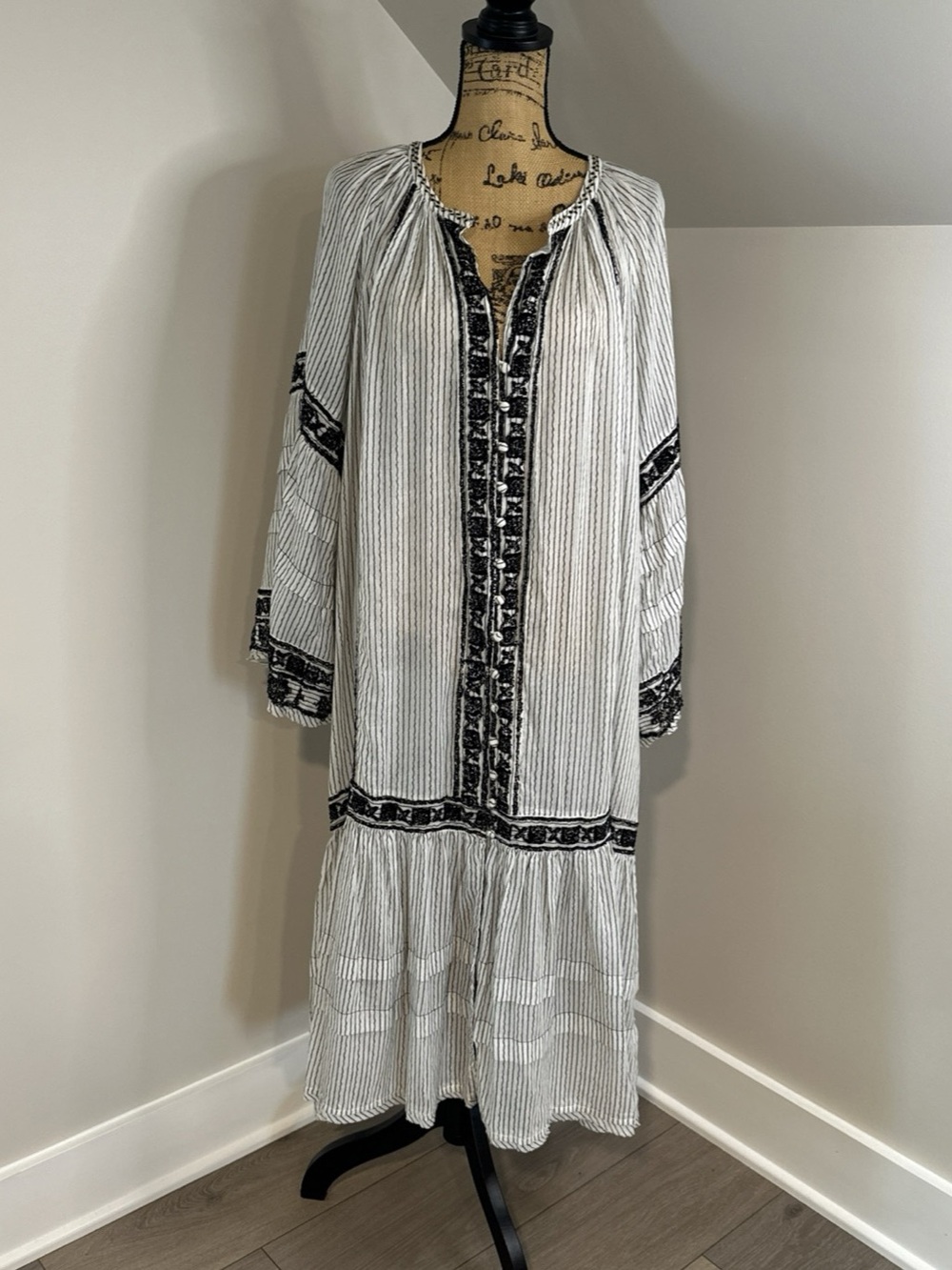 Free People Size L New Romantics Black & White Striped Embroidered Maxi Dress